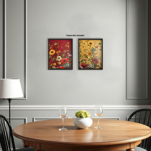 Posterizer 2 pcs-Red and Yellow Themed Wild Flowers and Birds-Floral Botanical-Abstract Modern Art - Gift for Nature, Surfers and Beach Lovers-Dec...